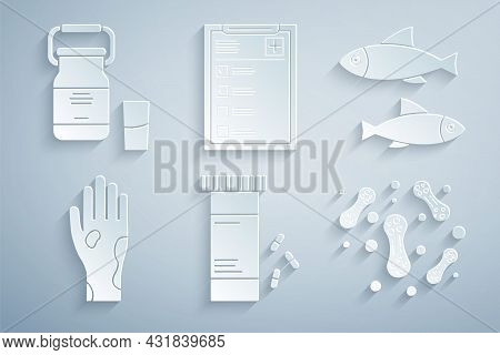 Set Medicine Bottle And Pills, Fish, Hand With Psoriasis Or Eczema, Bacteria, Clinical Record And Ca