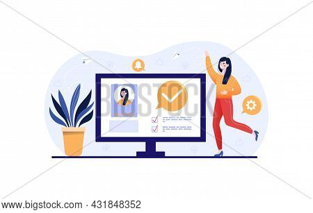 Happy Female Character Is Receiving Approval On The Computer Monitor After Finishing Business Task. 