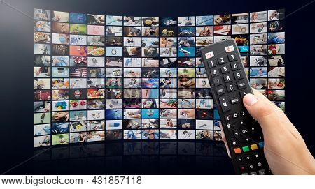 Multimedia Video Concept On Media Wall. Tv Streaming Services, Video On Demand