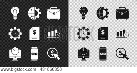 Set Light Bulb With Concept Of Idea, Globe The Earth And Gear, Briefcase, Computer Monitor Graph Cha
