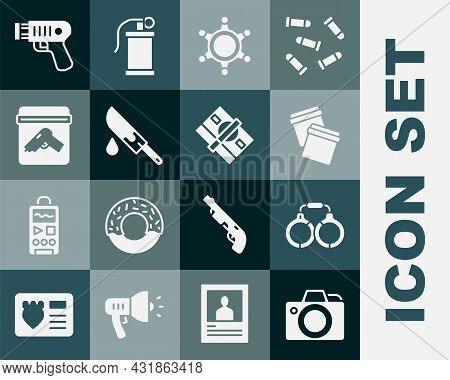 Set Photo Camera, Handcuffs, Plastic Bag With Ziplock, Hexagram Sheriff, Bloody Knife, Evidence Gun,
