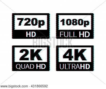 Video Dimension Labels. Video Resolution 720, 1080, 2k, 4k, Badges. Glitch Icon. Vector Stock Illust