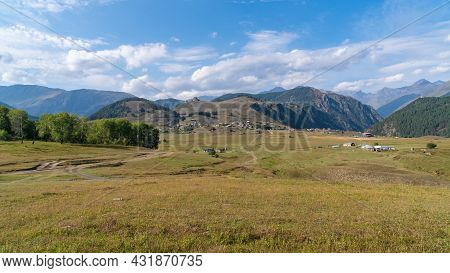 Panoramic View To Omalo Mountain Village In Tusheti Nature Reserve. Georgia