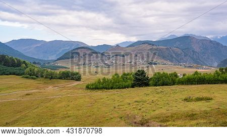 Panoramic View To Omalo Mountain Village In Tusheti Nature Reserve. Georgia
