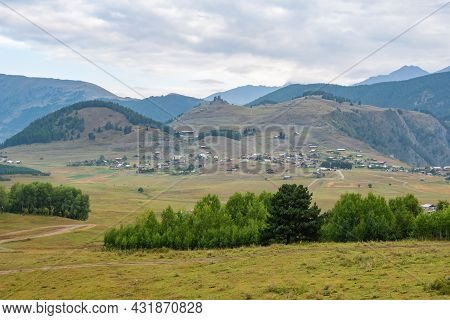 Panoramic View To Omalo Mountain Village In Tusheti Nature Reserve. Georgia