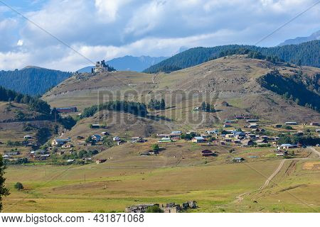 Panoramic View To Omalo Mountain Village In Tusheti Nature Reserve. Georgia