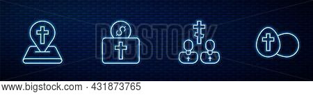 Set Line Priest, Location Church Building, Donation For And Easter Egg. Glowing Neon Icon On Brick W