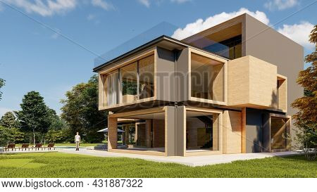 3D rendering of a large modern contemporary house in wood and concrete