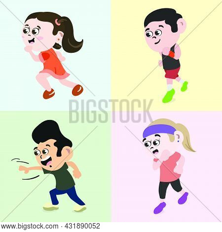 Set Of People Running In Park To Stay Healthy. Fitness Freak Jogging Girl And Boy.