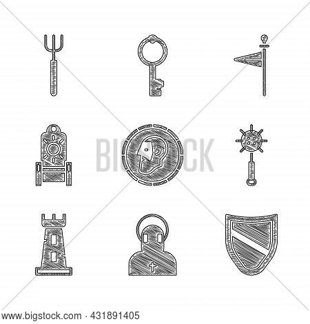 Set Ancient Coin, Monk, Shield, Medieval Chained Mace Ball, Castle Tower, Throne, Flag And Garden Pi