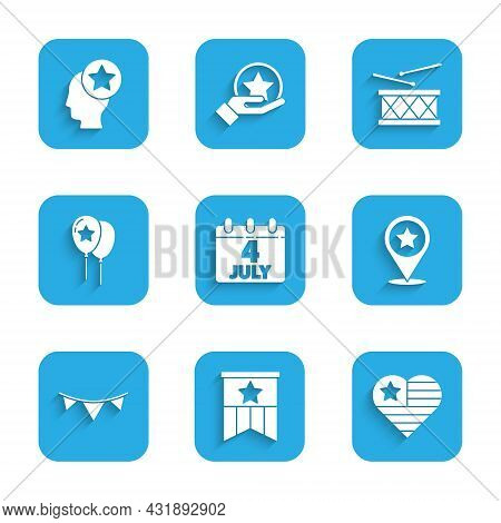 Set Calendar With Date July 4, American Flag, Usa Independence Day, Carnival Garland Flags, Balloons