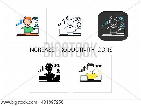 Workaholic Icons Set.improving Career Prospects. Increase Productivity. Work Done Reward. Man At Lap