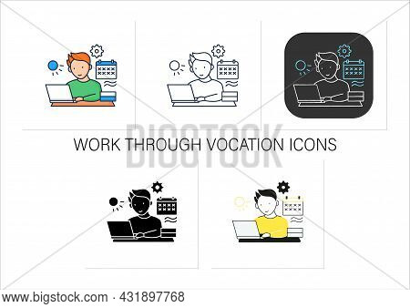 Workaholic Icons Set.work Through Vocation, Overtime. Work Despite Calendar Days Off. Man At Laptop.