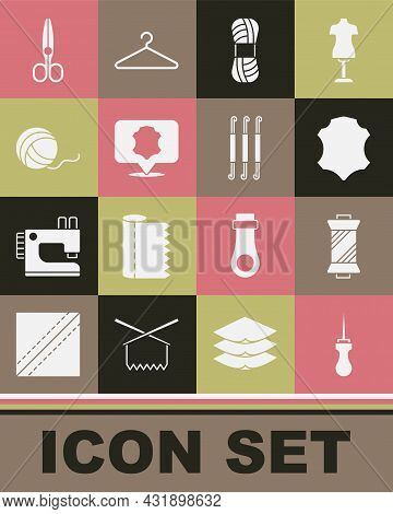 Set Awl Tool, Sewing Thread On Spool, Leather, Yarn, Ball, Scissors And Crochet Hook Icon. Vector