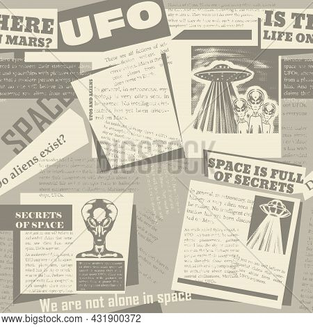 Vintage Seamless Pattern With A Collage Of Newspaper Clippings With Articles About Ufos And Aliens. 