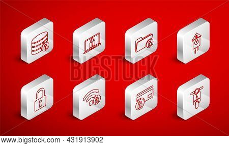 Set Line Electric Scooter, Laptop And Lock, Folder, Retro Wall Watch, Credit Card With, Server Secur