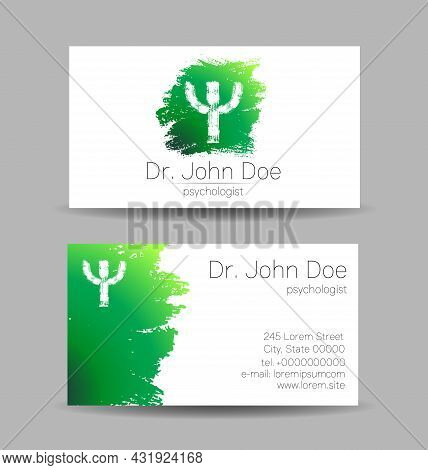 Psychology Vector Business Visit Card With Letter Psi Psy In Green Color. Modern Logo Creative Style