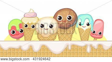 Ice Cream In A Waffle Cone. Milk, Chocolate And Fruit. Summer Sweet Dairy Product. Cartoon Character