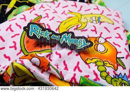 Tyumen, Russia-august 27, 2021: Rick And Morty T-shirts With The Image. American Comedy Animated Ser