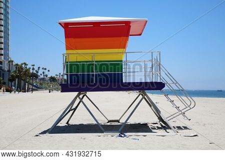 LONG BEACH, California - July 5, 2021: Gay Pride Lifeguard Tower. The rainbow-colored lifeguard tower supports the LGBTQ community. 