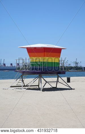 LONG BEACH, California - July 5, 2021: Gay Pride Lifeguard Tower. The rainbow-colored lifeguard tower supports the LGBTQ community. 