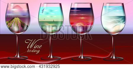 Glasses Of Wine And Our Memories.vector Illustration On A Wine Theme. A Set Of Transparent Wine Glas