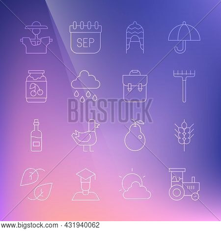 Set Line Tractor, Wheat, Garden Rake, Winter Hat, Cloud With Rain, Jam Jar, Scarecrow And School Bac