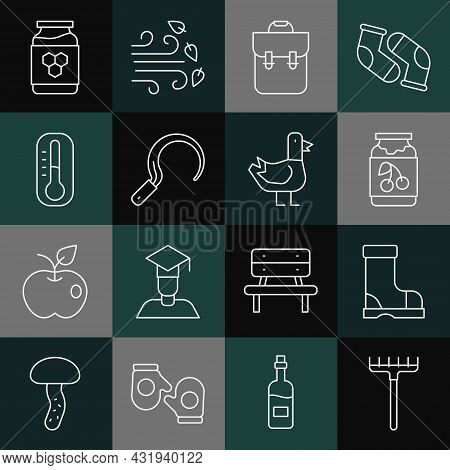 Set Line Garden Rake, Waterproof Rubber Boot, Jam Jar, School Backpack, Sickle, Thermometer, Jar Hon