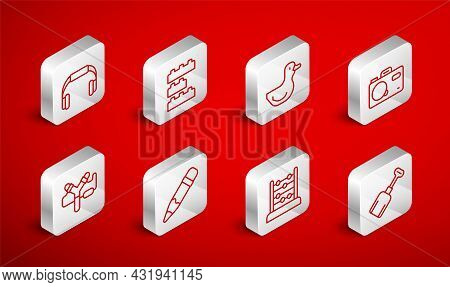 Set Line Shovel Toy, Toy Building Block Bricks, Rubber Duck, Photo Camera, Abacus, Headphones, Penci
