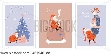 Set Of Funny Cartoon Cards With Santa. A Collection Of Santas Assorted Actions. Vector Greeting Card