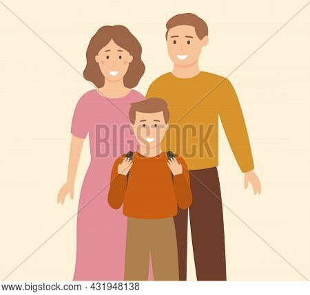 The Family Sees Their Son Off To School. The Beginning Of The School Year. Schoolboy With A Backpack
