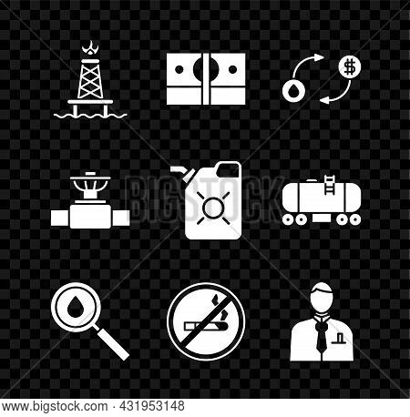 Set Oil Rig With Fire, Stacks Paper Money Cash, Exchange, Drop, No Smoking, Businessman Or Stock Mar