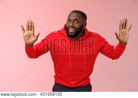 Happy Charming Outgoing African American Male Model Raise Hands Joking Standing Surrender Smiling Gi