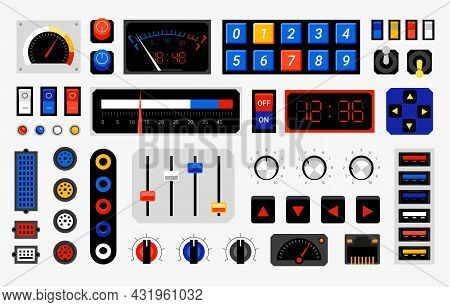 Retro Control Panel. Computer Dashboard Elements. Dials Or Connection Ports. Controller Buttons Temp