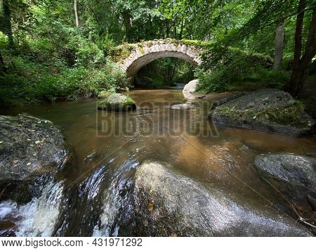 Old bridge of the Ribeyrolles in Gorges of the monne river in the green forest, olloix, Puy-de-DÃ´me, Auvergne, France