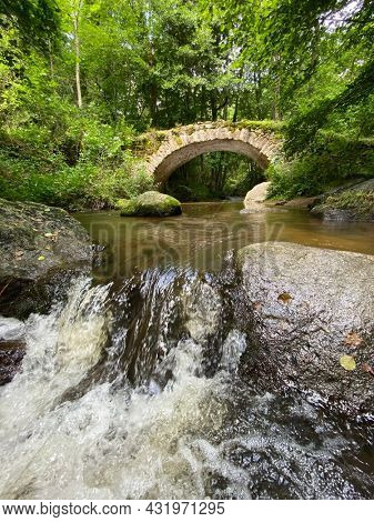 Old bridge of the Ribeyrolles in Gorges of the monne river in the green forest, olloix, Puy-de-DÃ´me, Auvergne, France