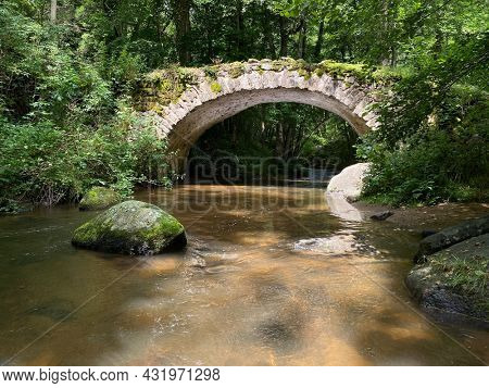 Old bridge of the Ribeyrolles in Gorges of the monne river in the green forest, olloix, Puy-de-DÃ´me, Auvergne, France