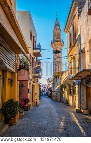 Scenic picturesque streets of Chania venetian town with coloful old houses. Chania greek village in the morning. Chanica, Crete island, Greece