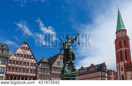 The Old Town With The Justitia Statue In Frankfurt