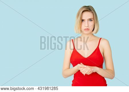 Skeptic Woman. Disbelief Hesitancy. Nervous Problem. Hesitate Feelings. Pretty Puzzled Lady Holding 