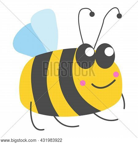 Smiling Yellow Bumblebee With Gray Stripes And Light Blue Wings. Simple Flat Cartoon Style. Cute And