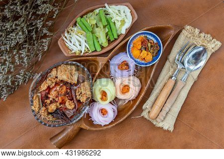 Rice Noodles With Spicy Pork Sauce Or Nam Ngiao Rice Noodle (traditional Northern Thai Cuisine). Nam
