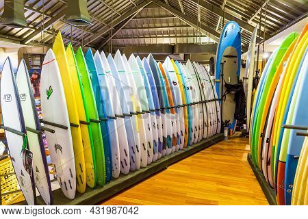 June 12, 2021. Bali, Indonesia. Surf Shop With New Surfboards In Kuta, Bali