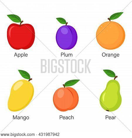 Vector Set Of Different Fruits In Flat Style Isolated On White Background. Fruit Icons.