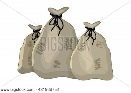 Bags Isolated On White Background. Three Old Brown Sack. Sackcloth Full Pockets For Harvest. Linen C