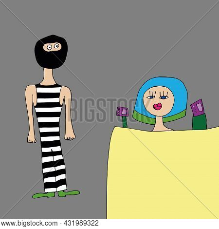 The Thief Is A Swindler In Striped Clothes. A Thief Wants To Rob A Store. Vector. Doodles. Funny Cha