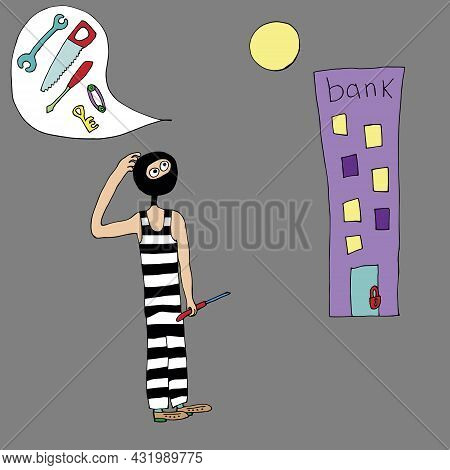 Thief Is A Swindler In Striped Clothes. A Thief With A Flashlight And Keys Wants To Rob A Bank. Vect