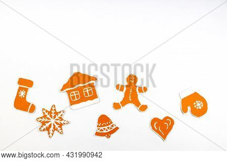 Gingerbread Cookies Over White Background. Top View With.
