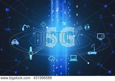 Digital Interface With Icons Of 5g Internet, Car, Padlock, Watches, Cloud Data Storage, Laptop, Desk
