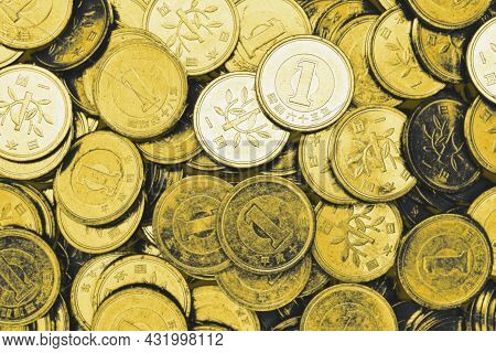 Field Of Japanese 1 One Yen Coins Close Up. Bright And Catchy Illustration About Economy, Finance Or